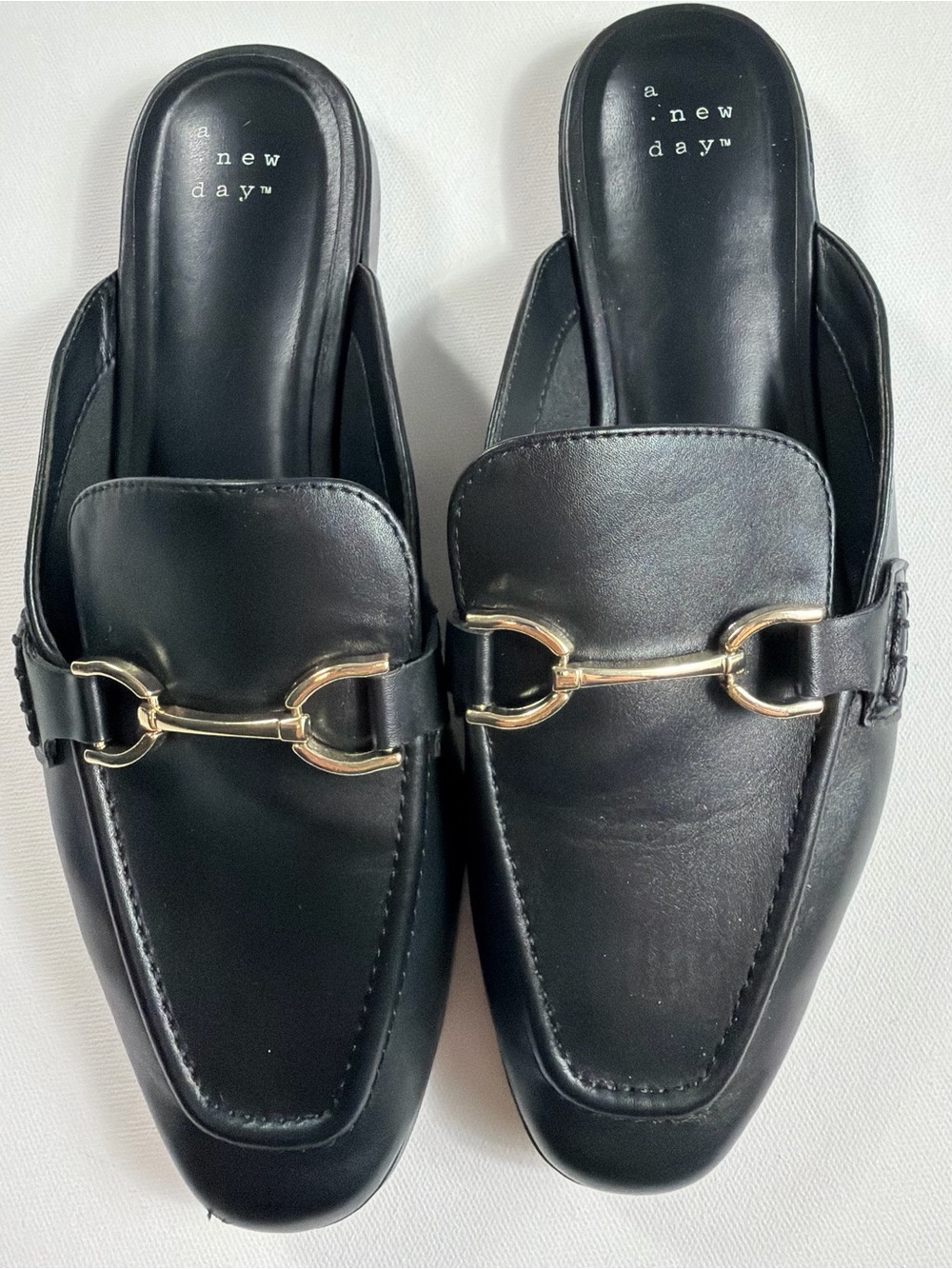 A New Day Black Horsebit Mule Loafers Size 8 Slip On Faux Leather Flats Preppy